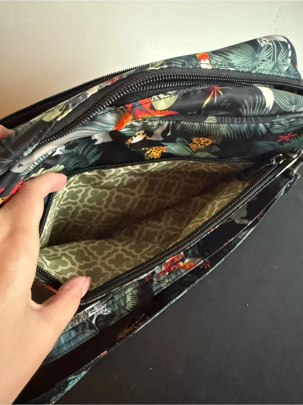 lug Quilted Crossbody Bag in Black with Green and Red Tropical Print